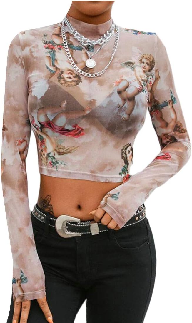 dahuo Women's Long Sleeve Mock Neck Angel Print Sheer Mesh Crop Top