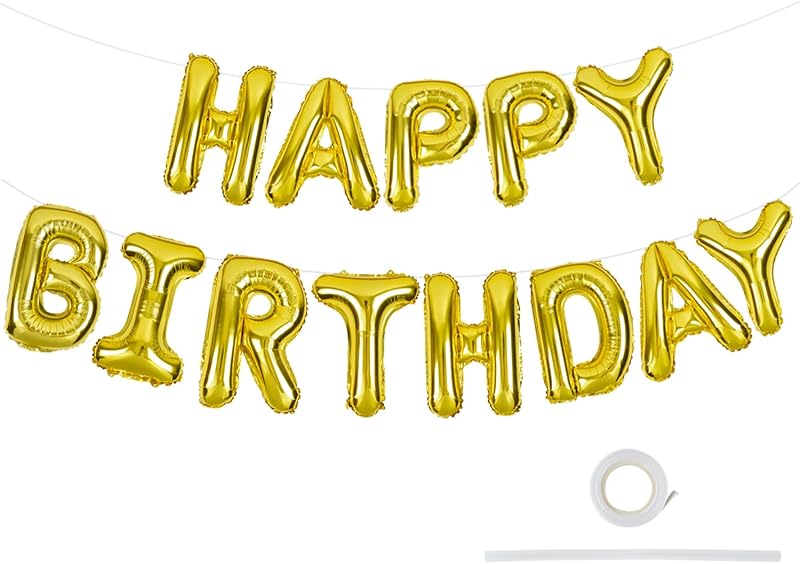 TONIFUL Gold Happy Birthday Balloons Banner 16 Inch Foil Letters with Straw