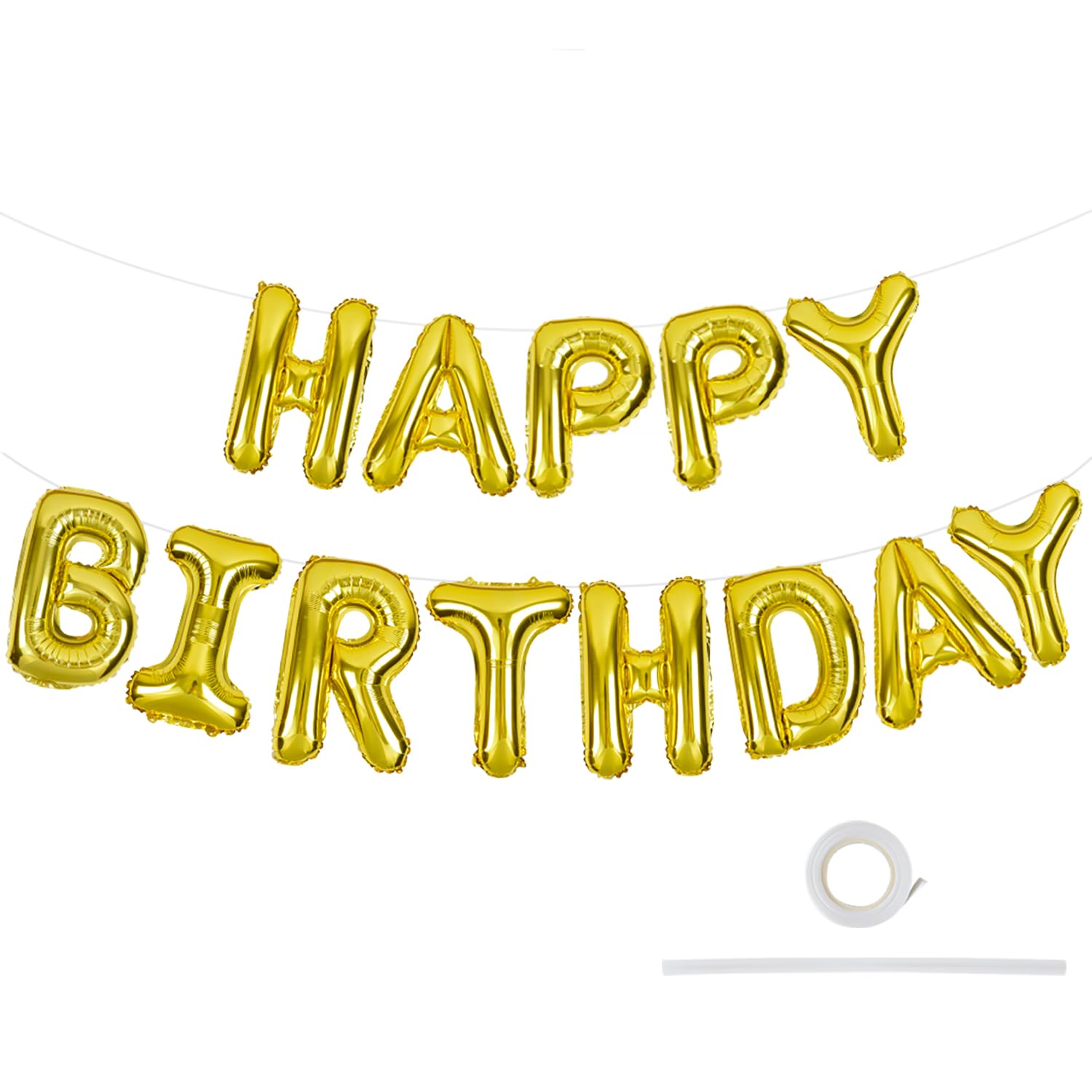 Gold Happy Birthday Balloons Banner with Ribbon Straw, 16 Inch Mylar Foil Letters Birthday Bunting Sign Banner Balloon Reusable for Birthday Party Supplies