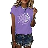 MaQiYa Womens Graphic Tees Summer Vintage Short Sleeve Cotton Moon and Sun Printed T Shirts Tops