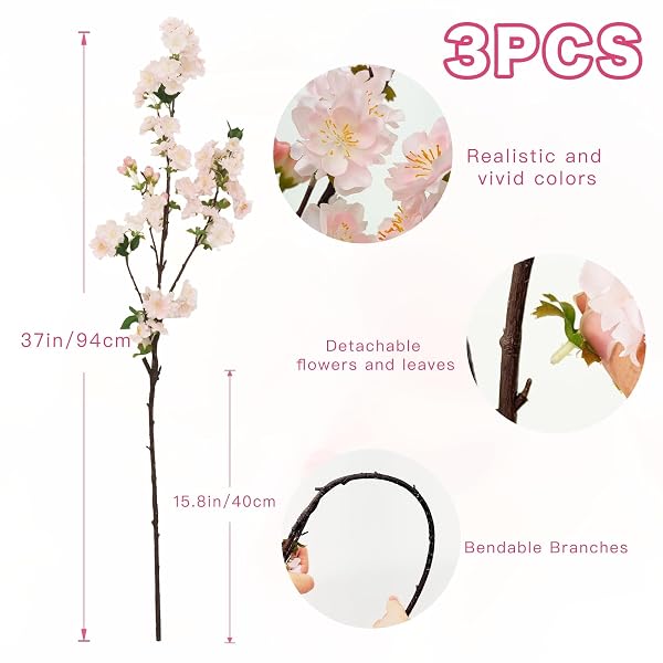 SENJIE ARTIFICIAL CHERRY BLOSSOM BRANCHES, FAKE FLOWERS BOUQUET WITH REAL TOUCH LONG STEMS, FAUX SILK FLOWERS FOR VASES WEDDING PARTY TABLE CENTERPIECES SPRING HOME DECOR (3PCS, VASE NOT INCLUDED)