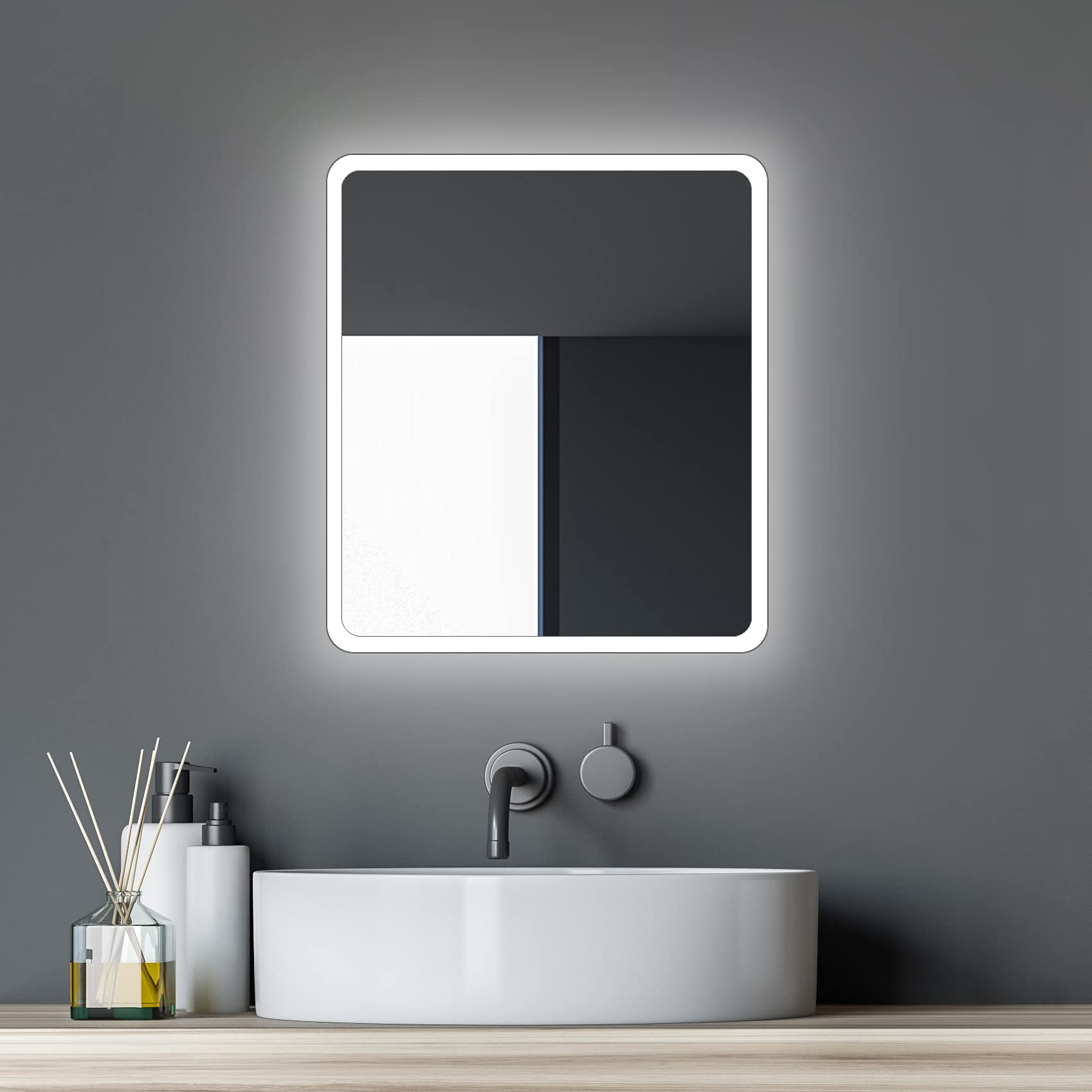 Talos Bathroom mirror with lighting Moon - bathroom mirror 40 x 45 cm - with surrounding ambient light - light color neutral white aluminum frame