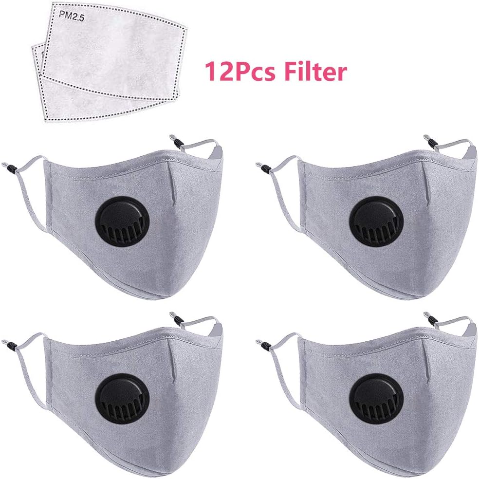 4 Pack Face Masks with 12 Filters Pad, Anti Dust Mask with Breathing Valve,Skin-friendly Unisex Mouth Mask, Reusable & Washable Masks for Running, Cycling, Outdoor Activities (Gray)