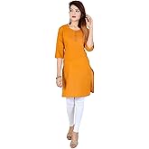 Chichi Indian Women's Plain Cotton Straight Yellow Kurti Top (3/4 Sleeve).