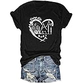 Womens Funny Heart Mountain Camping Tree Graphic Tee Forest Print T-Shirt Casual Hike Short Sleeve
