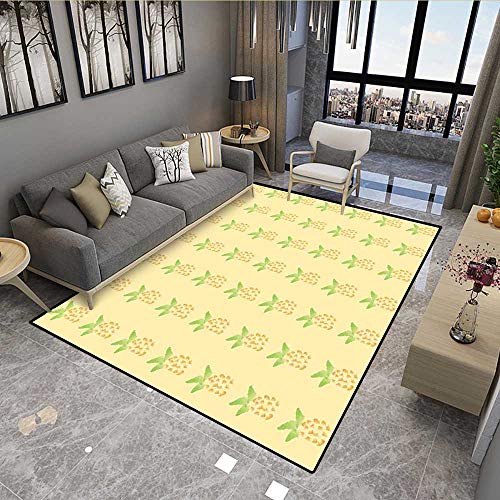Carpet,Watercolor Pineapple with Brush Strokes Hawaii Themed Illustration,Indoor Outdoor Rug,Orange Pale Yellow Green 6'6"x8'