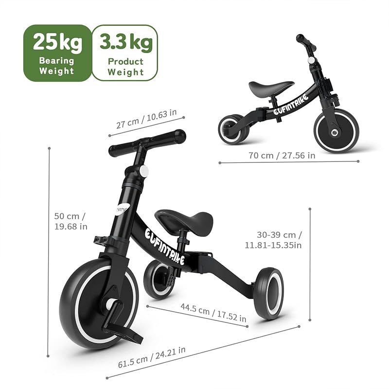 Besrey triciclos infantis, bicicleta multifuncional 5 em 1, adequado para crianças de 1 a 4 anos, triciclo, bicicleta, carro de equilíbrio, andador, altura do assento ajustável, preto