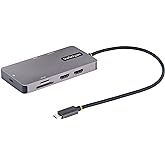 StarTech 8-in-1 USB-C Mini Dock, Dual 4K 60Hz HDMI, 5Gbps, GbE, SD, 100W | Dual HDMI via MST, DisplayPort 1.4 with DSC, HDR10, Ultrawide 21:9, 12in/30cm cable, Automatic driver setup, Ubuntu
