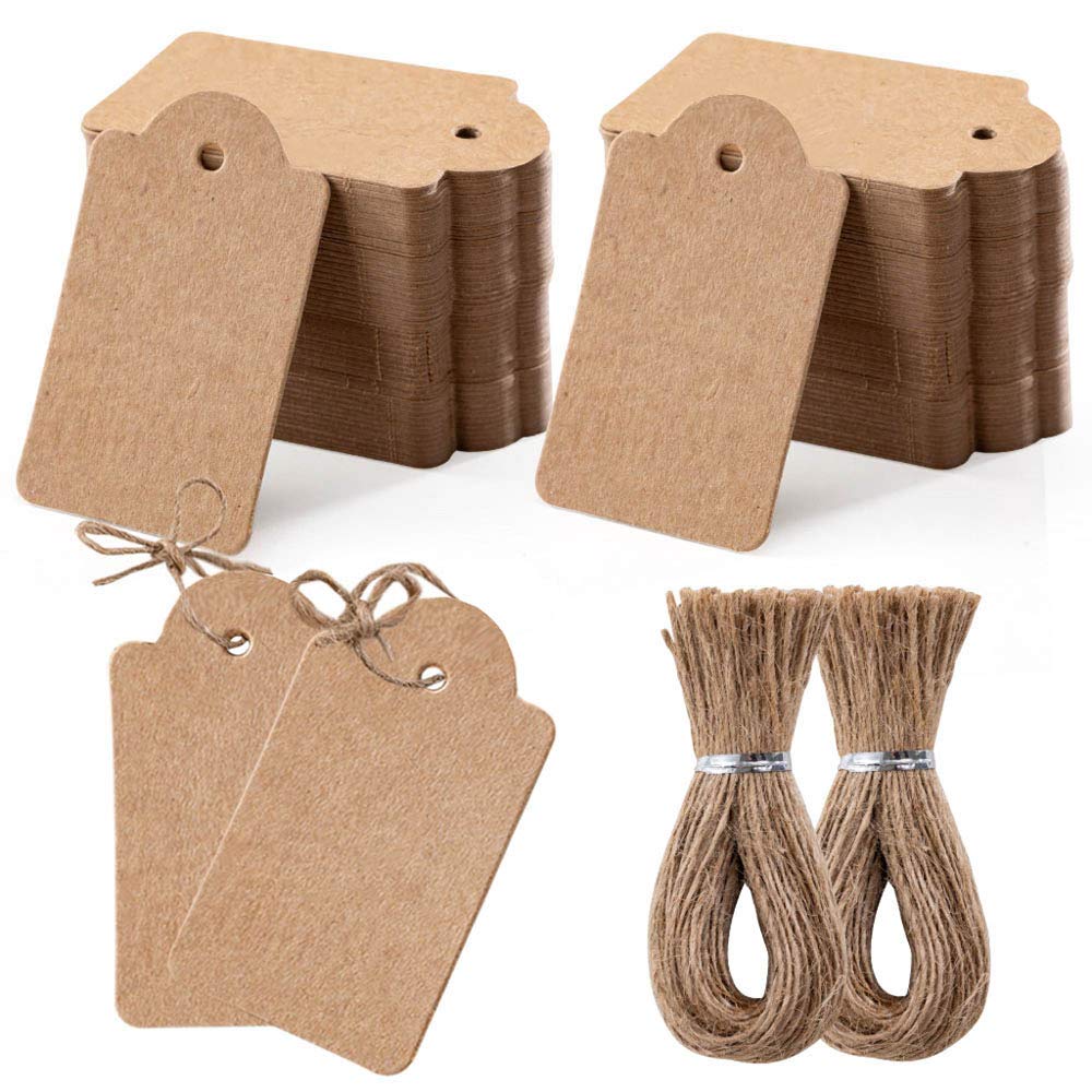 Toocoo 200pcs Premium Gift Tags with 200 Root Natural Jute Twine - Double-Sided Kraft Paper Price Labels for Crafts, Jewelry, Wedding, Christmas, Thanksgiving