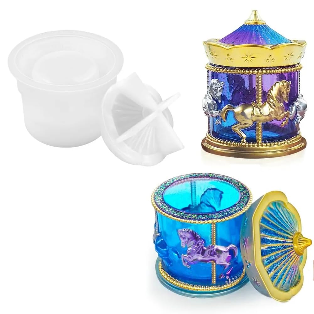 Photo 1 of DIYBravo Carousel Box Resin Mold with Lid Trinket Holder Jar Silicone Mold Jewelry Ornament Storage Box UV Epoxy Resin Casting Mold for DIY Jewelry Display Box Candle Holder