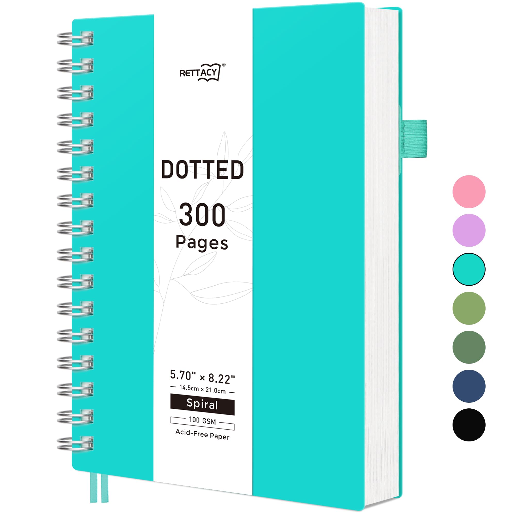 RETTACY A5 Dotted Notebook, Bullet Dot Grid Journal, Wirebound Spiral Notebooks 300Pages /150 Sheets for Writing,100gsm, PVC Hardcover, for Women Men Work Office School, 14.5 x 21cm - Turquoise