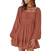 Dokotoo Womens Summer Dresses Square Neck Tie Back Summer Clothes Lantern Long Sleeve Brown Dress Ruffle A-Line Plus Size Shirred Elastic Waist Casual Mini Sundresses XX-Large