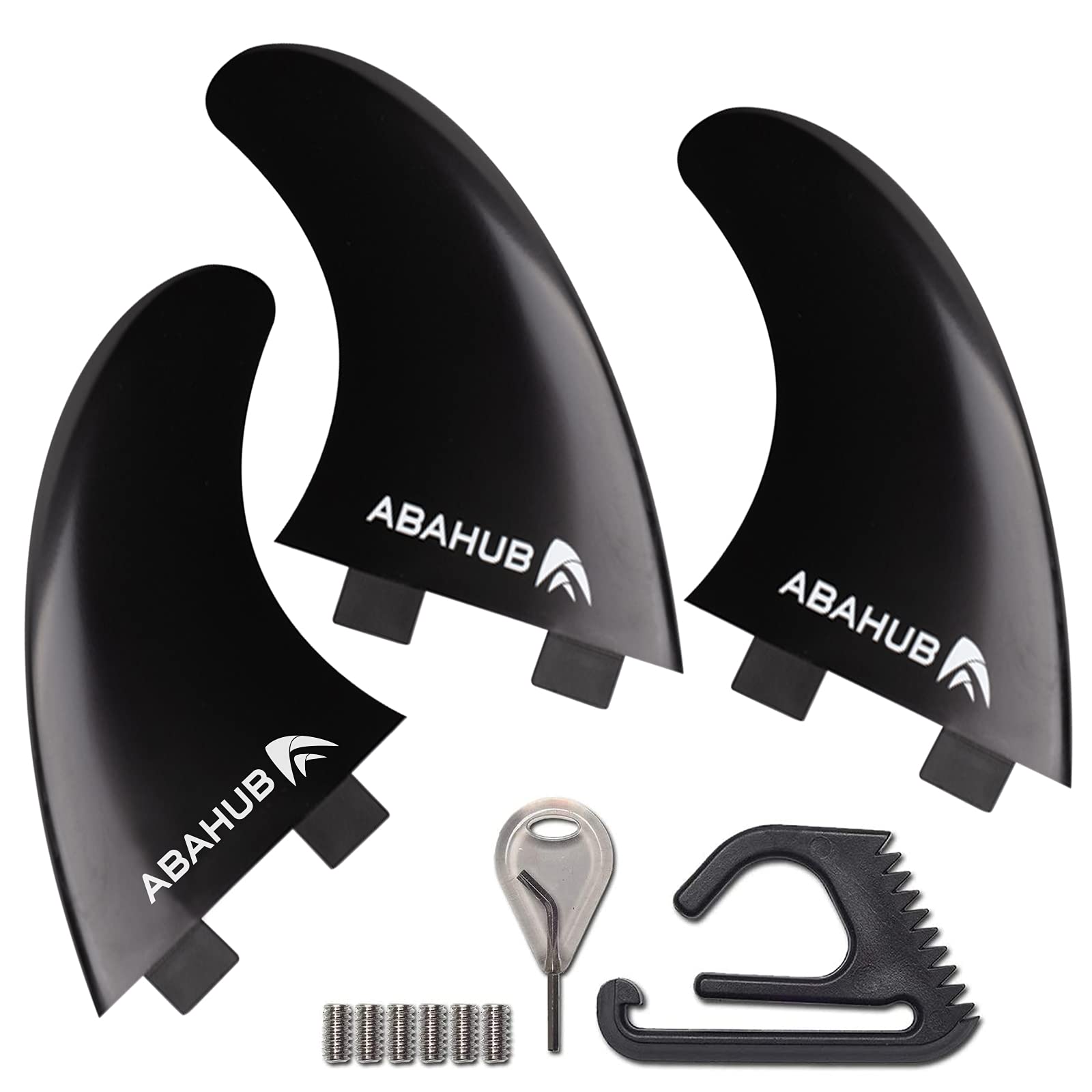 Abahub Surfboard Thruster Fins Set, Compatible with FCS Style Fin Box, Fiberglass Reinforced G5 Surf Fin, 3 Fins for Surf Boards, Surfing Longboard, Shortboard, with Screws and Key, Black/Blue/White