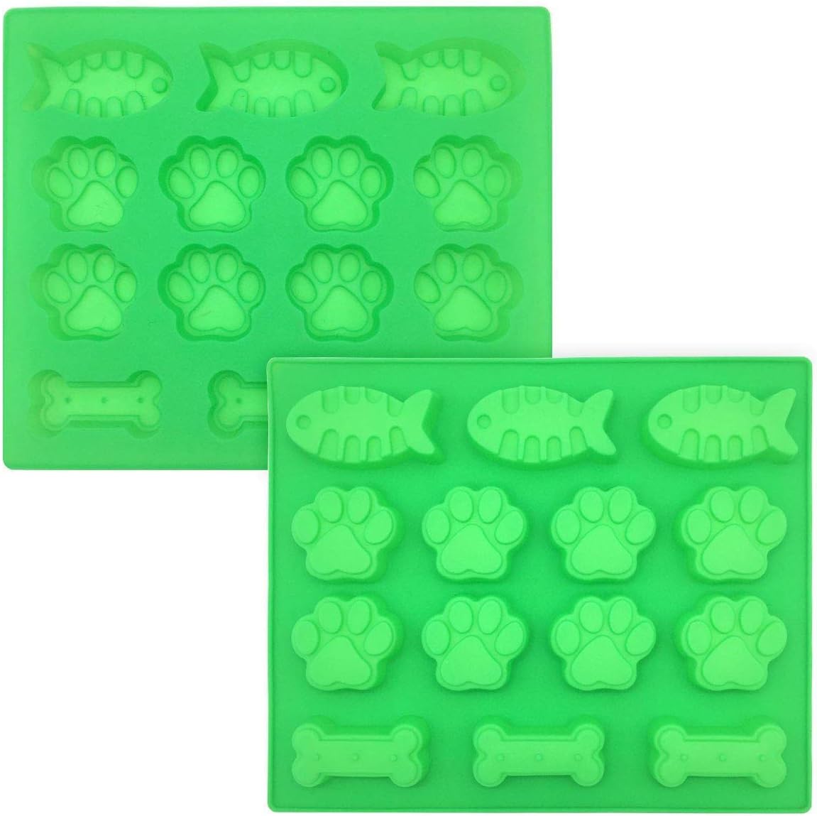 2-Pack 14-cavity Mixed Food Grade Large Mats Trays, Dog Pets Paws Fish and Bones Silicone Baking Molds, Bake for Kids, Dog-lovers, Kitchen Tips Green
