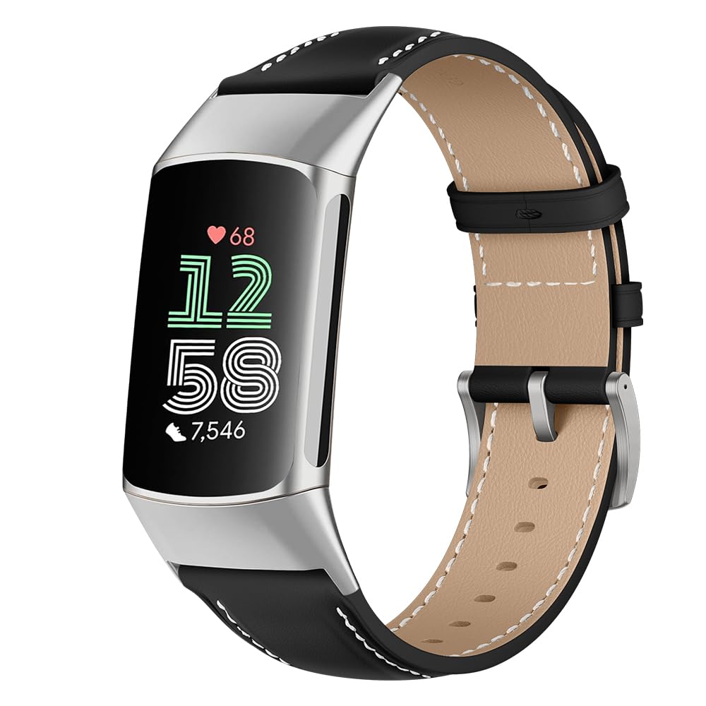 Niboow Compatible for Fitbit Charge 5/Charge 6 Leather Strap, Leather Adjustable Watch Band with Stainless Steel Buckle, Soft Replacement Bracelet Strap for Fitbit Charge 5/Charge 6 - Black