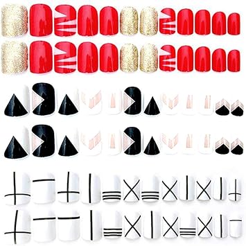 Xinlie Faux Ongles Colorés Capsules Ongles Autocollants Avec Adhésif Double Face Nail Art Pour Décoration Ongle Platine Et Rougebeige Et Noirrayures