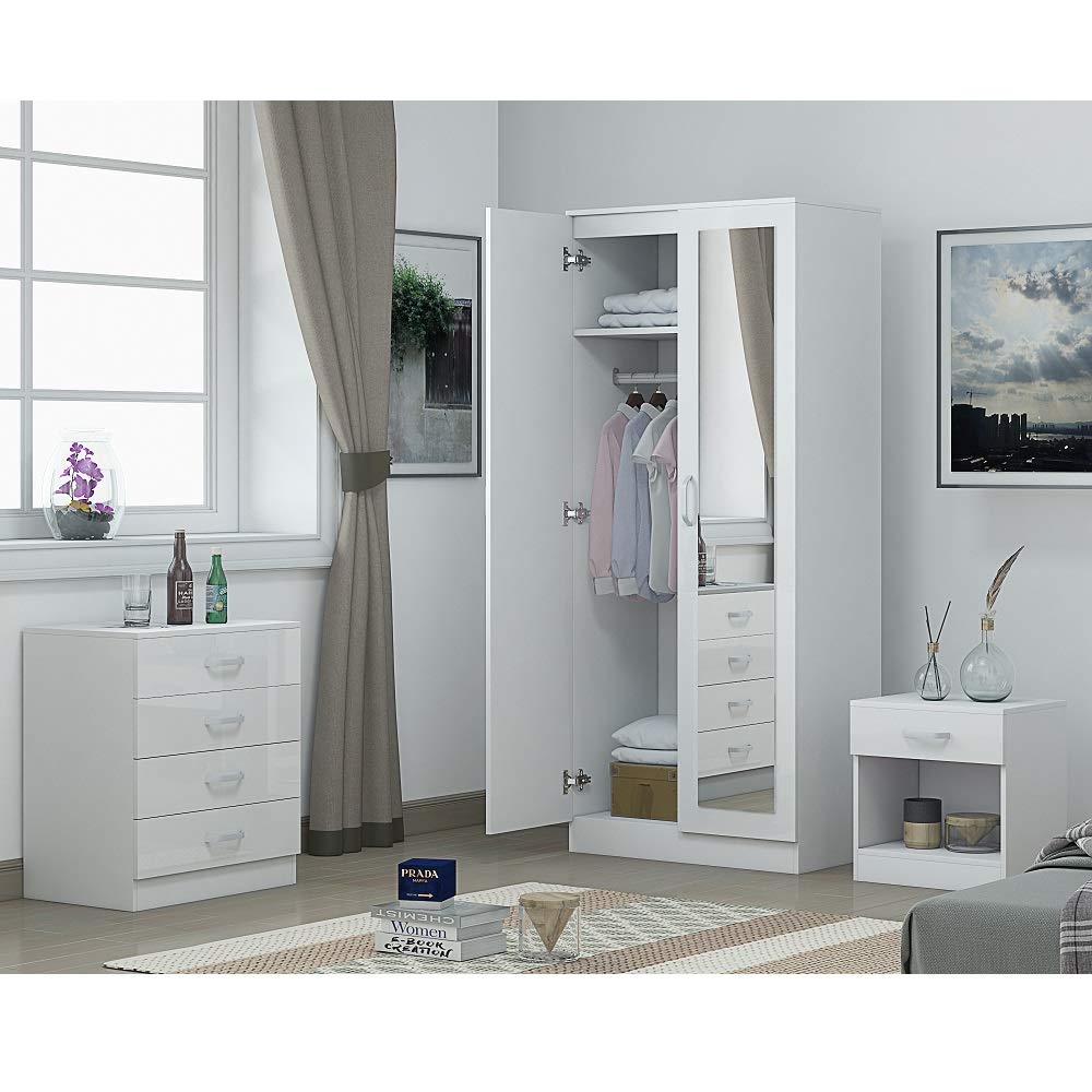 White Gloss Bedroom Furniture Set Chest And Bedside Mirrored Wardrobe