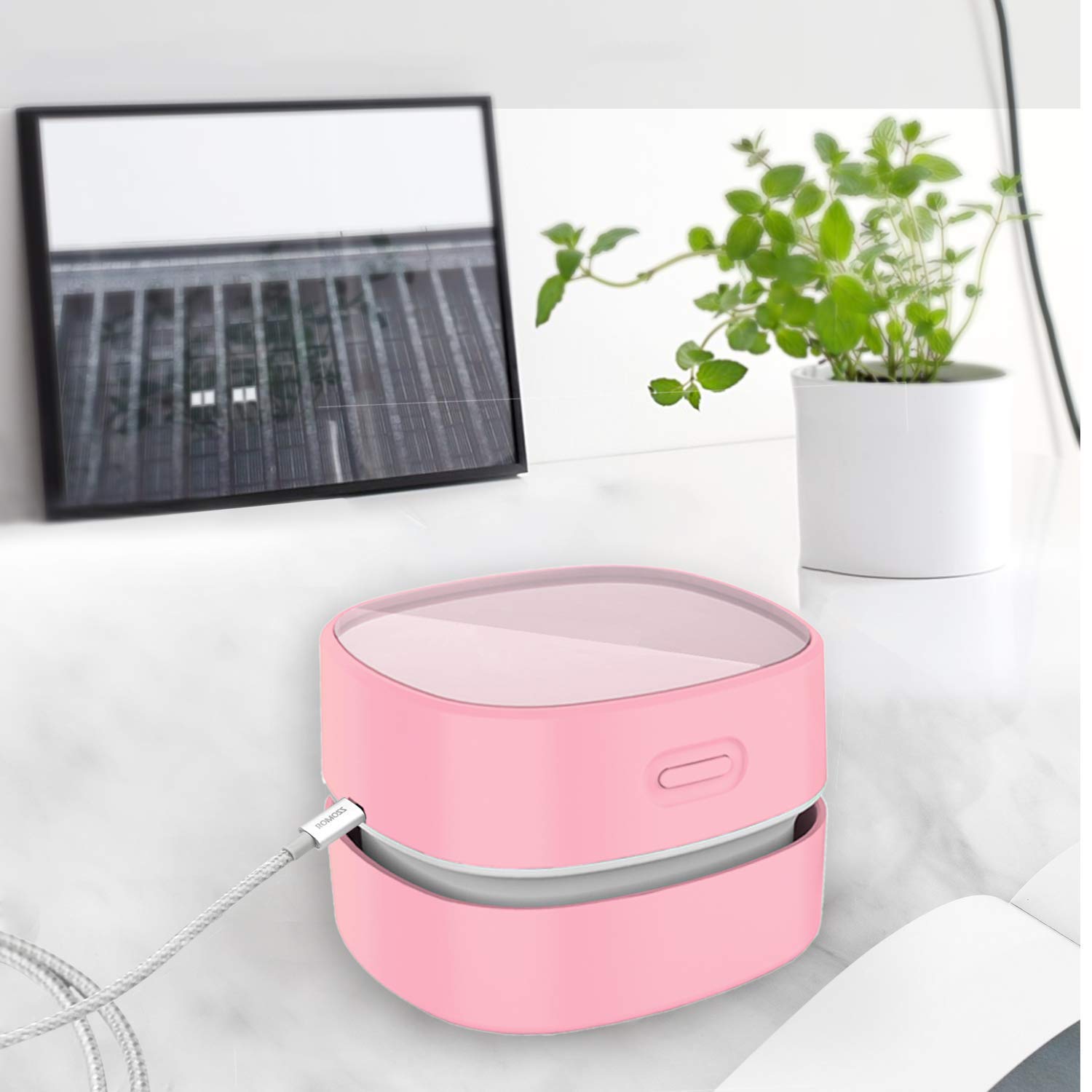 ODISTAR Desktop Vacuum Cleaner,Mini Table dust Sweeper Energy Saving,High Endurance up to 400 mins,Cordless&360º Rotatable Design for Cleaning Hairs,Crumbs,Computer Keyboard (Pink Charging)
