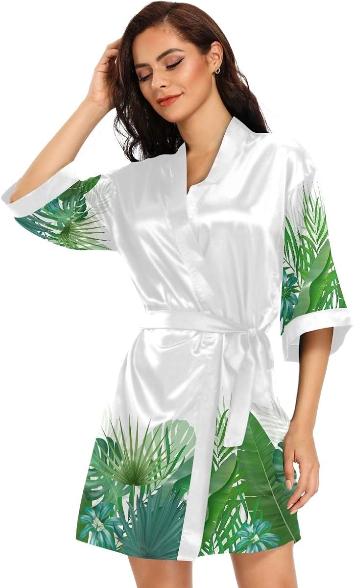 Tropical Summer Satin Robes for Women，Kimono Bathrobe for Bride