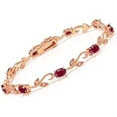 Gem Stone King 5.53 Ct Oval Red Ruby White Diamond 18K Rose Gold Plated Silver Bracelet For Women