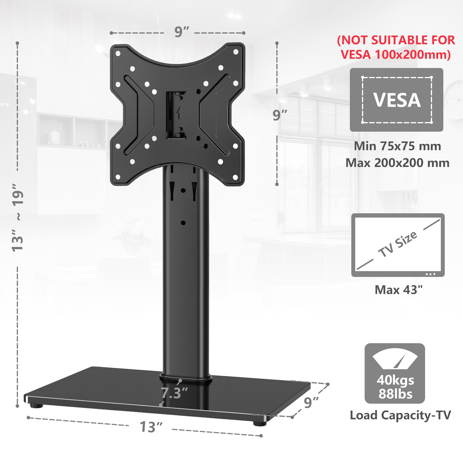 TVON Universal TV Stand Base, Swivel Table Top TV Stand for 20-43 inch TVs/Monitors with 4 Level Height Adjustment and Tempered Glass Base, Holds up to 88 Lbs, VESA 200x200mm
