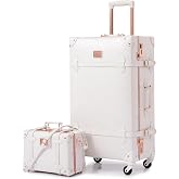 urecity Vintage Luggage Set, 2 Piece Retro Leather Suitcase for Women, Travel Luggage with Spinner Wheels and Beauty Case, Cute Designer Trunk Luggage (Rose White, 20"+12")