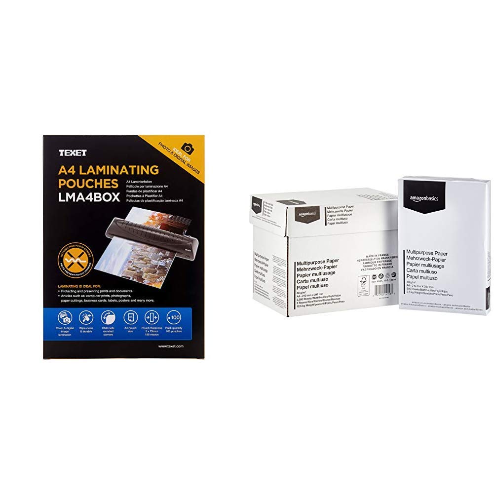 Texet A4 Laminating Pouches 150 microns Pack of 100 & Amazon Basics Multipurpose Copy Paper A4 80gsm, 5x500 Sheets, White
