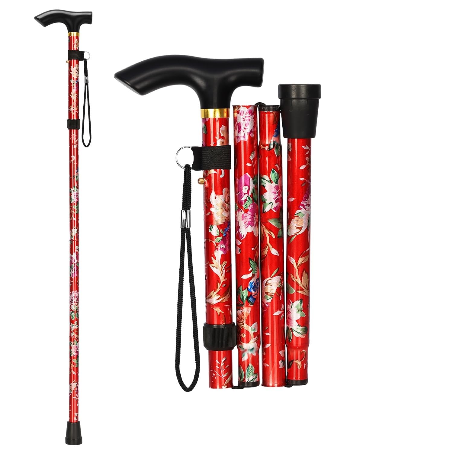Folding Walking Stick for Seniors, Walking Stick Men Black Walking Stick Women's Height Adjustable Foldable Walking Stick T-Handle for Elderly Disabled Men Women (Red Flower)