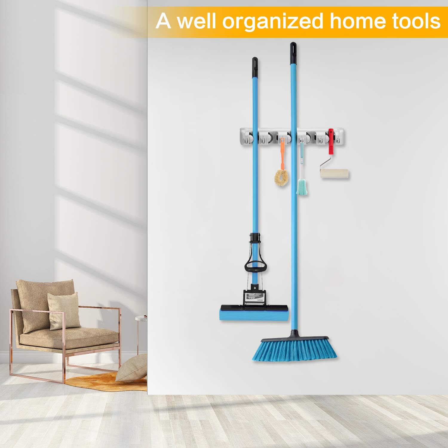 Mop Broom Holder, Wall Mounted Commercial Organizer Storage Rack for Garden Tools, Kitchen, Garage and Laundry [5 Slots with 6 Hooks]: Home Improvement
