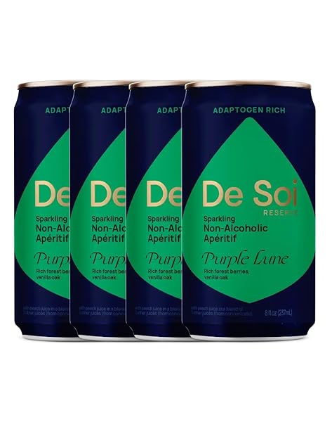 DE SOI PURPLE LUNE NON-ALCOHOLIC DRINKS 4-PACK (8 FL OZ) VARIETY PACK – READY TO DRINK BEVERAGES, ALCOHOL FREE ALTERNATIVE, SPARKLING APERITIFS WITH ADAPTOGENS, NATURAL BOTANICALS