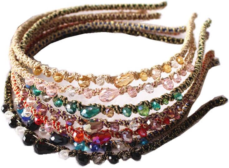 ShungFun7 Pieces Women Fashion Thin Beads Crystal Headbands Antislip Hair Loop Clasp Glitter Hairbands Elastics Hair Bands for Wedding Hair Accessories (Yellow,Pink,Red,Green,Purple,Black and