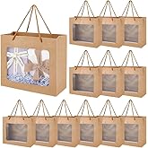 BENECREAT 16pcs Gift Bags with Transparent Window, Kraft Paper Shopping Bags with Handle for Birthday Wedding Party Florist Packing, 7.91x7.09x3.19 Inch