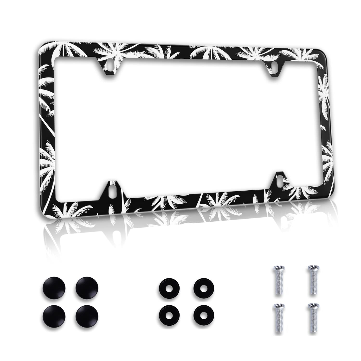 Photo 1 of Black and White Palm Trees License Plate Frame 1 Pack Stainless Steel Car Hawaii License Plate Accessory Personalize Decor 12.3" X 6.3" with 4 Holes Screw Fit All Vehicle Standard Size