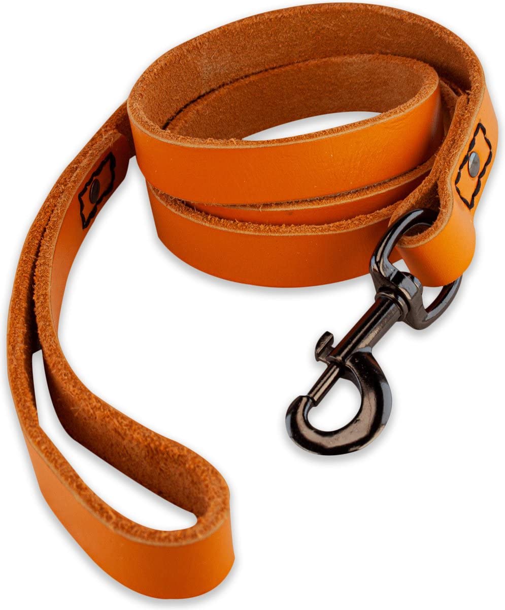 Leather Dog Lead 220 cm – Hand‑Stitched Orange Full‑Grain Leather, Extra‑Long Recall Lead, Black Clip, Padded Handle, Strong Training Dog Leash
