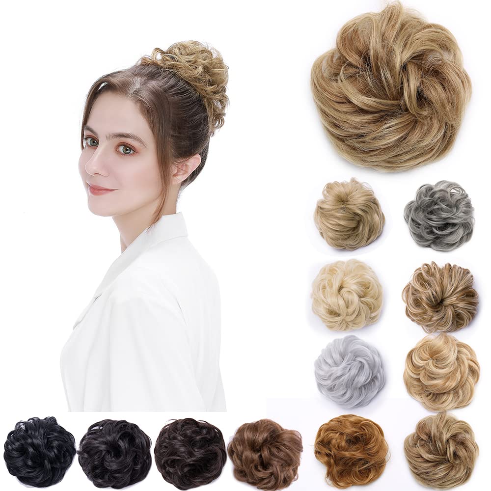 Silk-co Fake Hair Bun Scrunchy Scrunchie Messy Bun Chignons Wavy Donut Updo Synthetic Hair Extensions 35g Golden Brown & Blond