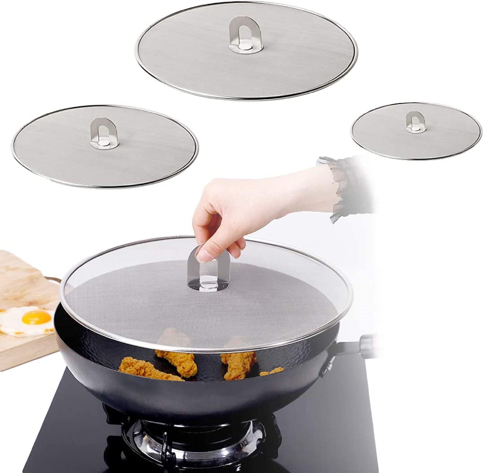 YUSHINE 3 PCS Stainless Steel Splatter Screen Oil Resist Grease Mesh Grease Guard Pot Cover Anti-Scalding Frying Pan Lid for Pots Skillets, Frying Pan Oil Proofing Lids (33cm 29cm 25cm)