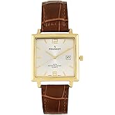 Peugeot Men’s Modern Square Casual Quartz Wrist Watch with Gold Plated Case and Genuine Leather Strap