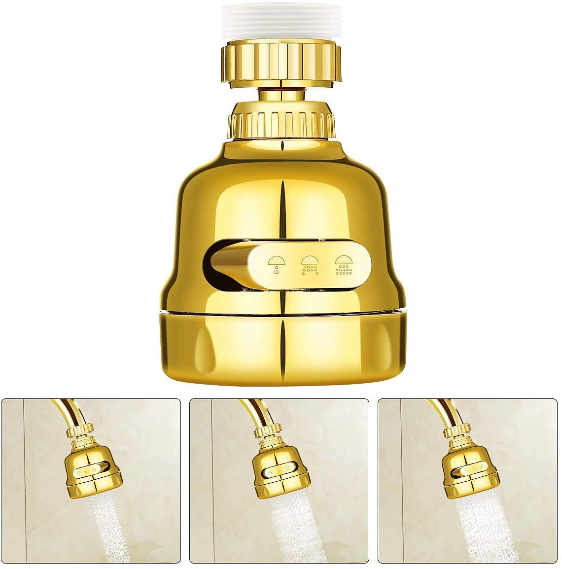 Movable Kitchen Tap Head Moveable 360 Degree Rotable Water Saving Faucet Nozzle Filter Sink Aerator Flexible Diffusser with 3 Modes Adjustment (Gold)