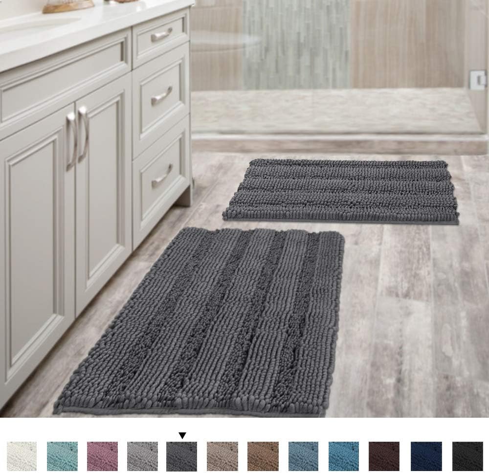 Grey Bath Mats for Bathroom Non Slip Ultra Thick and Soft Chenille Plush Striped Floor Mats Bath Rugs Set, Microfiber Door Mats for Kitchen/Living Room (Pack 2-20" x 32"/17" x 24"): Home & Kitchen