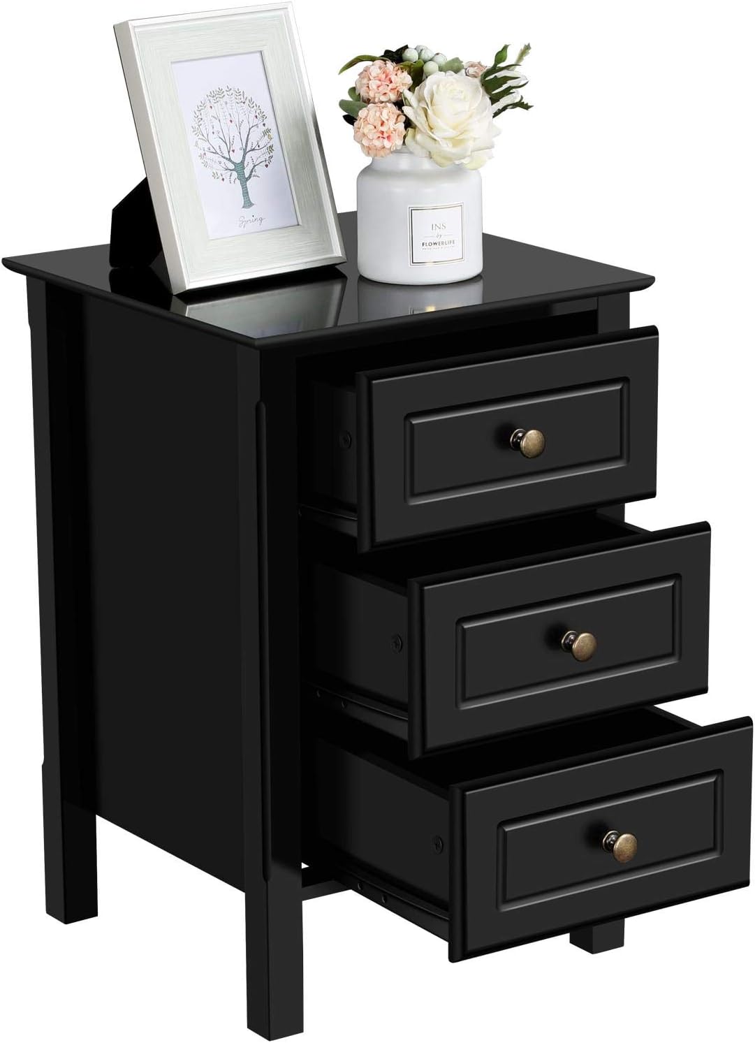YAHEETECH Wood 3-Drawer Nightstand with Solid Pine Wood Legs Bedroom Furniture, Black: Furniture & Decor