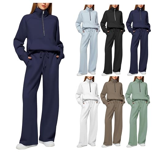Coord Set for Women UK, Two Piece Outfit Women, Quarter Zip Sweatshirt Top & High Waist Wide Leg Pants, Soft Cozy Co Ord Sets, Ladies Lounge Wear Sets for Everyday Wear