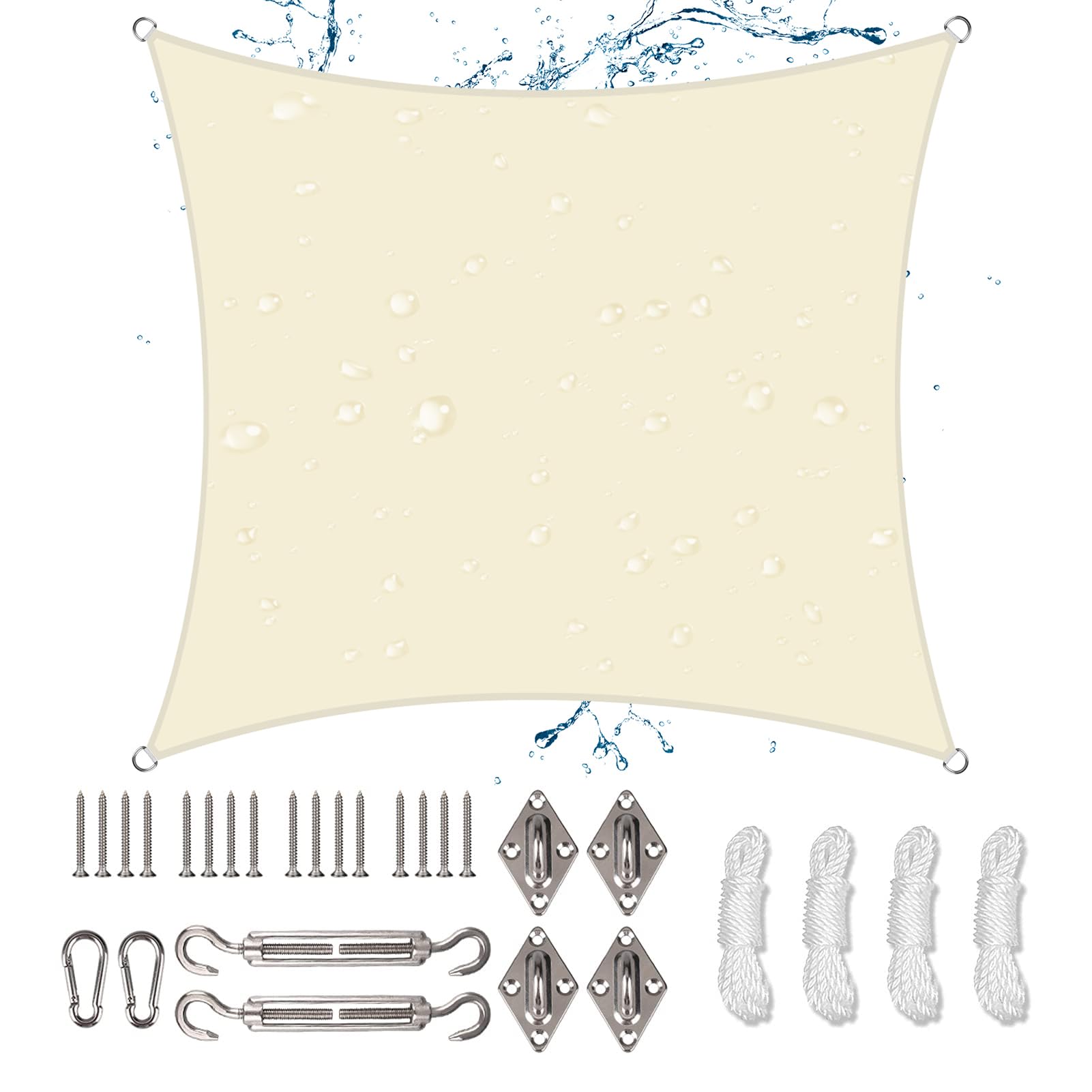 NAKIHOUSE Waterproof Shade Sail with Rope Fixing Kits, 3x3m Square Sun Shade Sail 98% UV Block Awning Canopy for Garden Patio (Cream)