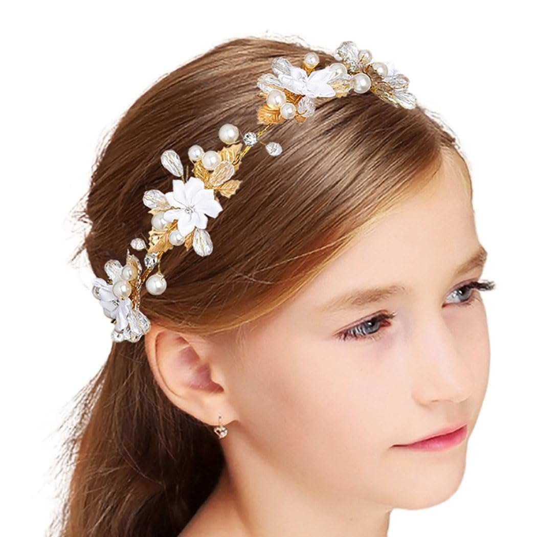 IYOU Pearl Princess Headpiece Gold Rhinestone Wedding Headband Birthday Prom Hair Accessories for Flower Girls and Bridesmaid