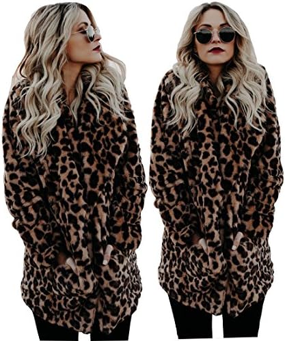 Women's Winter Long Sleeve Coat Faux Fur Overcoat Plus Size Fluffy Top Jacket Leopard