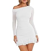 HOCILLE Women's Sexy Bodycon One Shoulder Mini Dresses Long Sleeve Ruched Ruffle Hem Club Party Short Dress