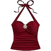 SOLY HUX Women's V Neck Halter Tops Open Back Y2k Ruched Floral Metal Summer Going Out Cami Tops