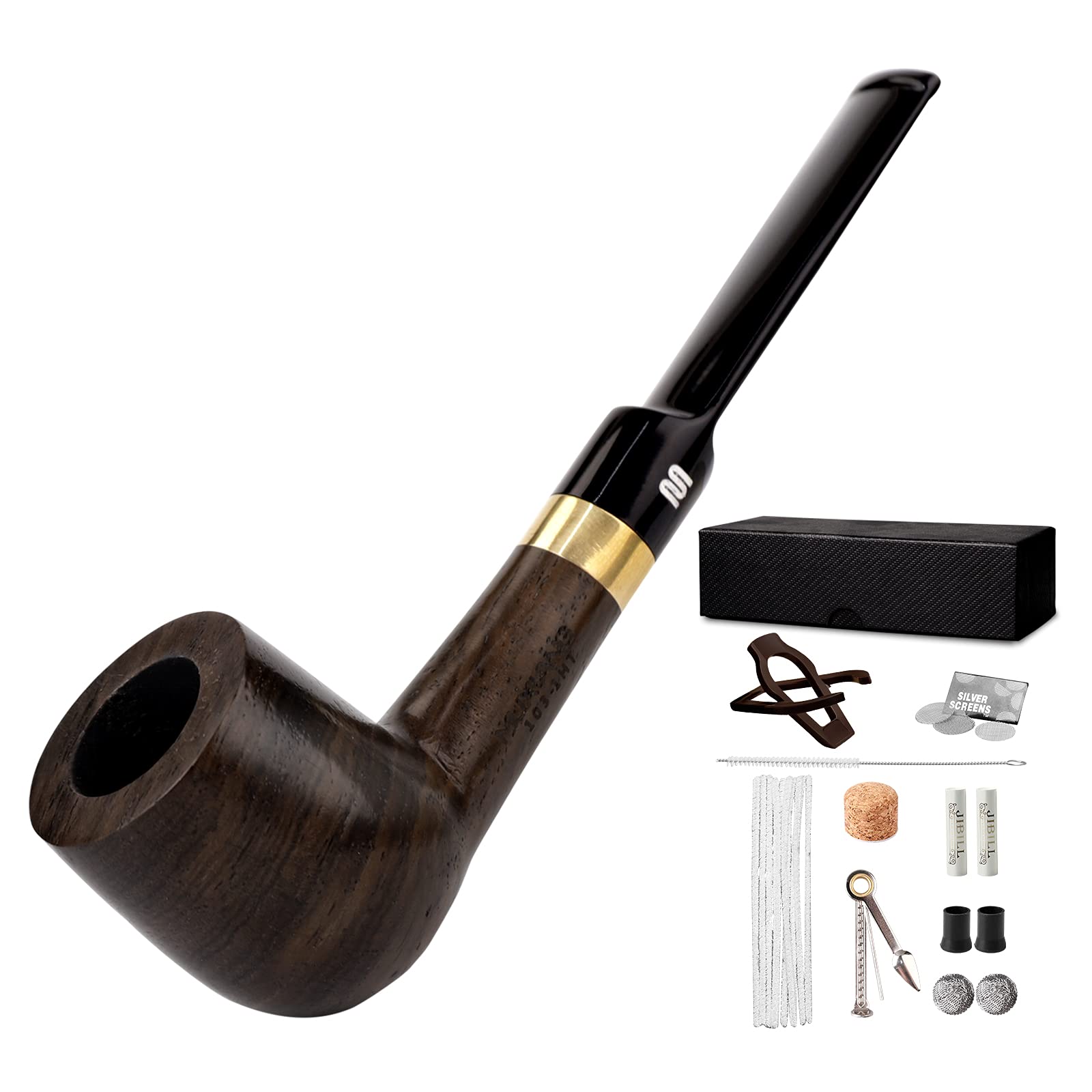 MUXIANG Straight Tobacco Pipe Ebony Wooden Pipe Handmade Pipe 9mm Filter 10 Pipe Cleaning Tools AC0016