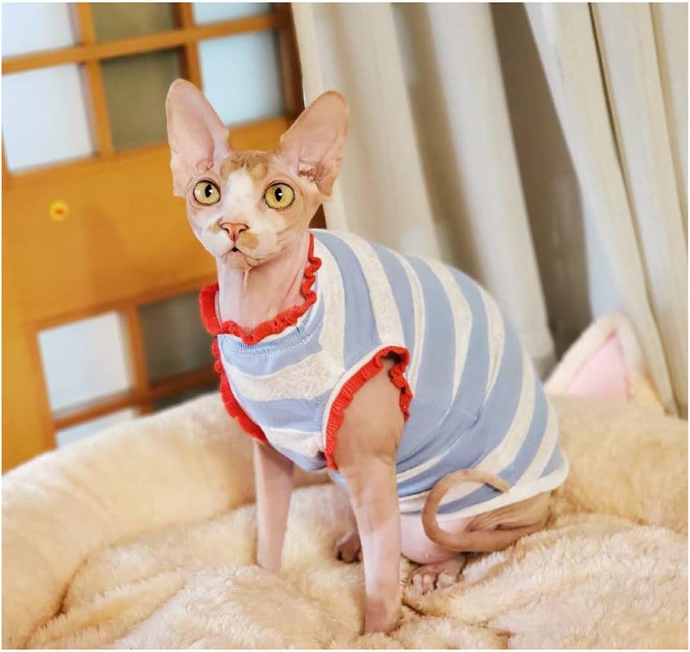 Khemn 丨 FABRICS 丨HANDMADE丨Striped Ruffled Hems Cat Summer Shirt Cat Pajamas Cat Clothes (S, Blue)