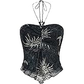 BEAUDRM Women's Y2k Hippie Vintage Boho Tops Gothic Mesh Tie Back Halter Going Out Top Western Fairy 2000s Clothing