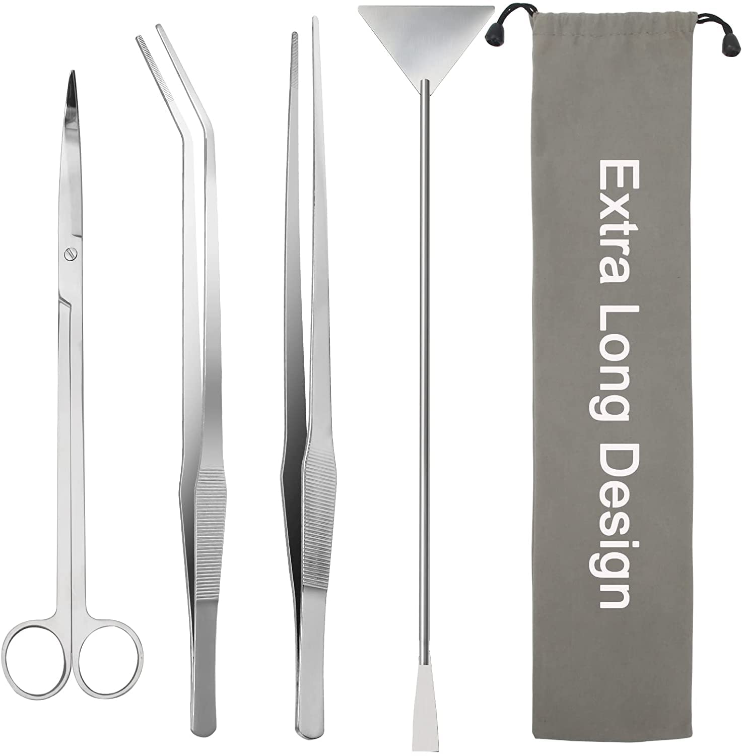 38cm Extra Long Aquarium Aquascape Kits, 4 in 1 Anti-Rust Aquatic Plant Aquascaping Tool Stainless Steel Tweezers Scissors Spatula for Aquarium Tank Clean Fish Tank Aquascape Tools Sets (Silver)